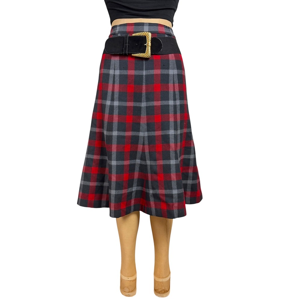 90s Dark Academia Plaid Midi Skirt Tartan A-Line Preppy Vintage Grunge Size M